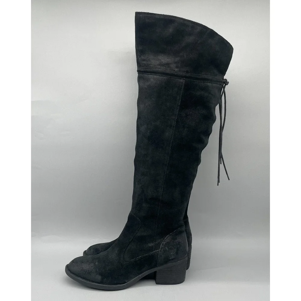 Born Womens 9.5M Gallinara Boot Over The Knee Black Distressed Suede Riding Boho
